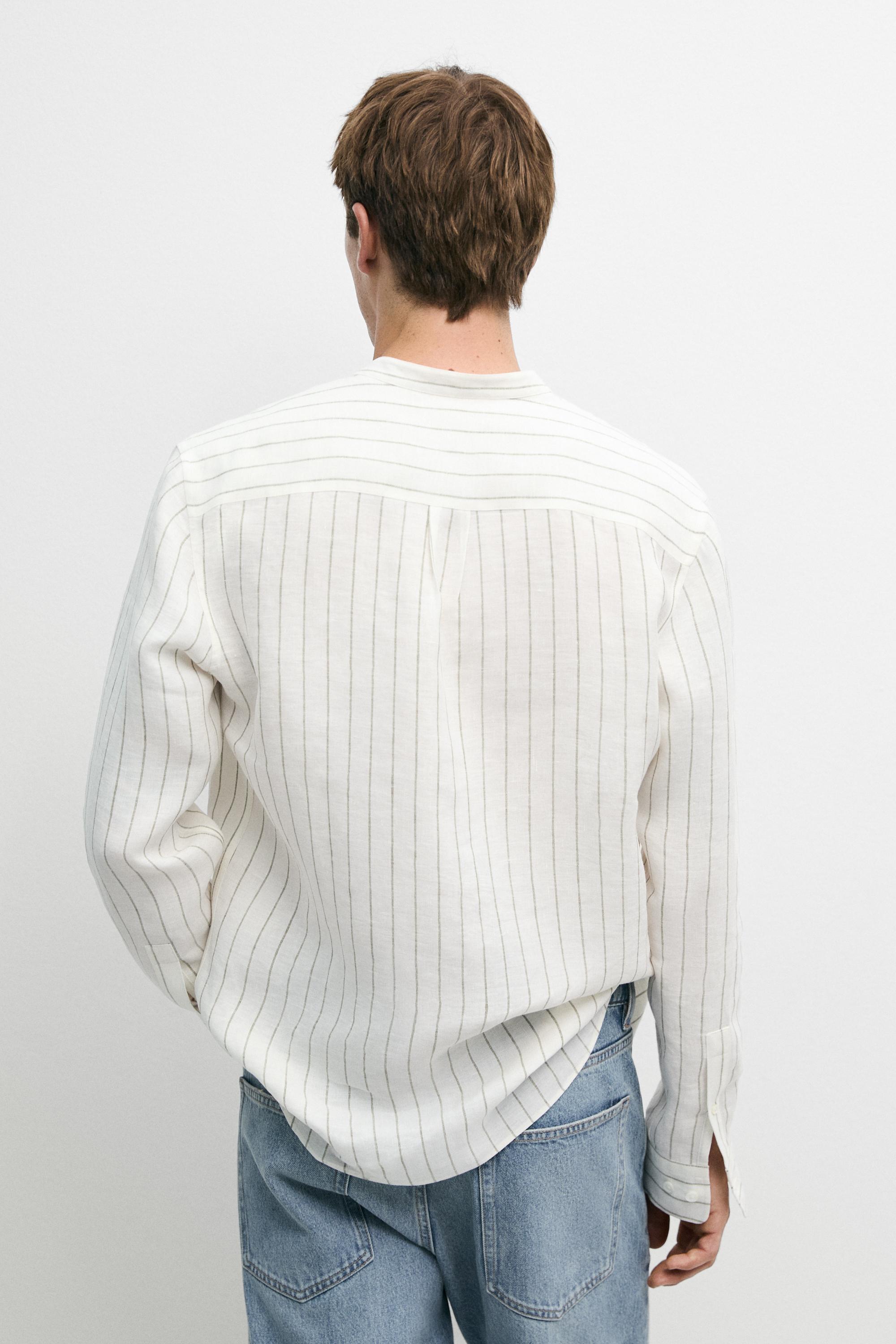 100% linen striped stand collar shirt